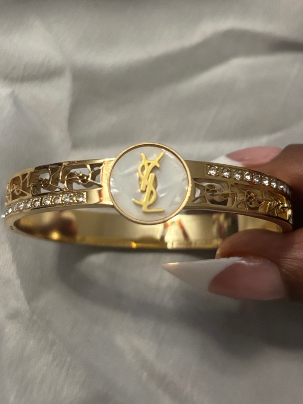 Saint Laurent Gold and Mother-of-Pearl YSL Diamond Trim Bangle